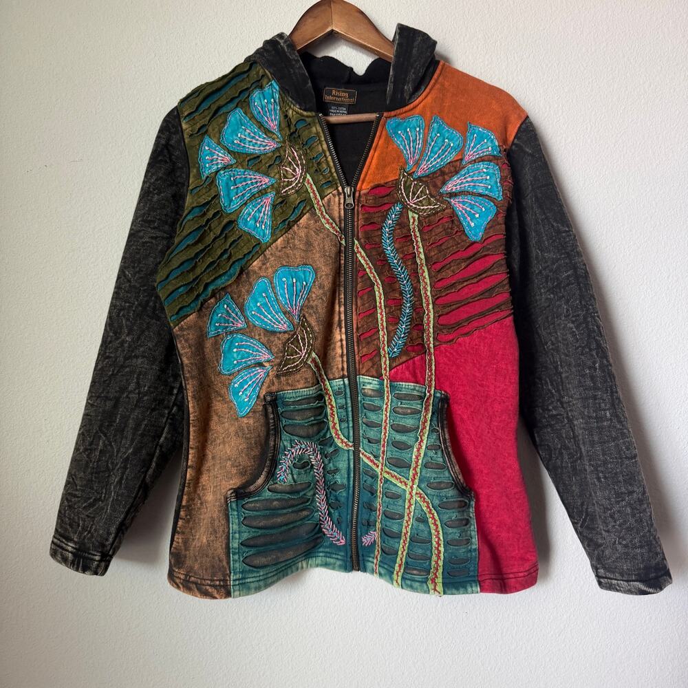 Vintage Y2K Rising International Patchwork Hoodie L Embroidered Nepal Boho